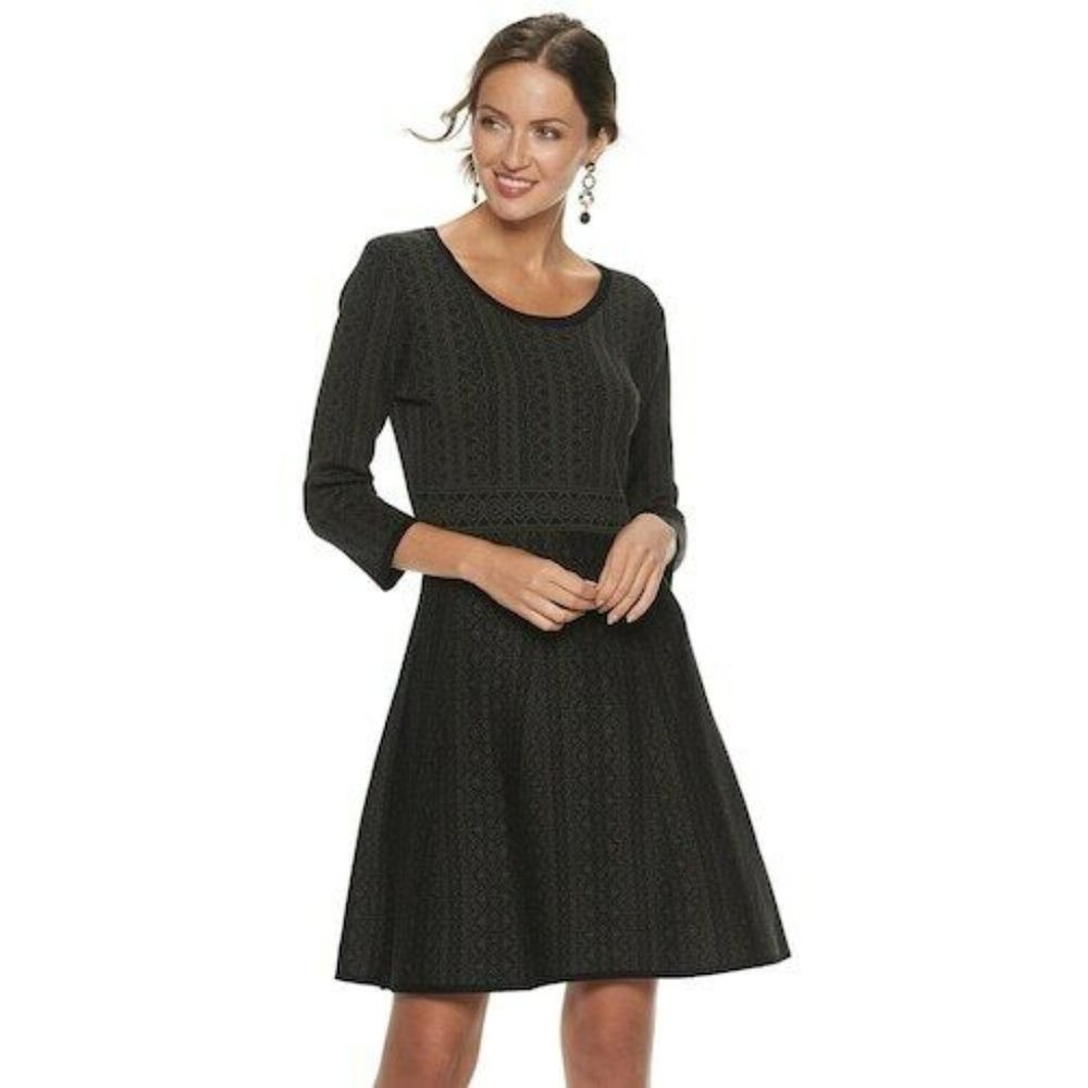 BRAND NEW NINA LEONARD Olive Black Fit & Flare Long Sleeve Sweater Dress